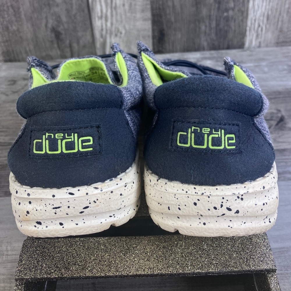 Hey Dude Wally Youth Stretch Naval Speckle Navy Neon Lime Loafers Size Y2 EU 34 - Picture 4 of 7